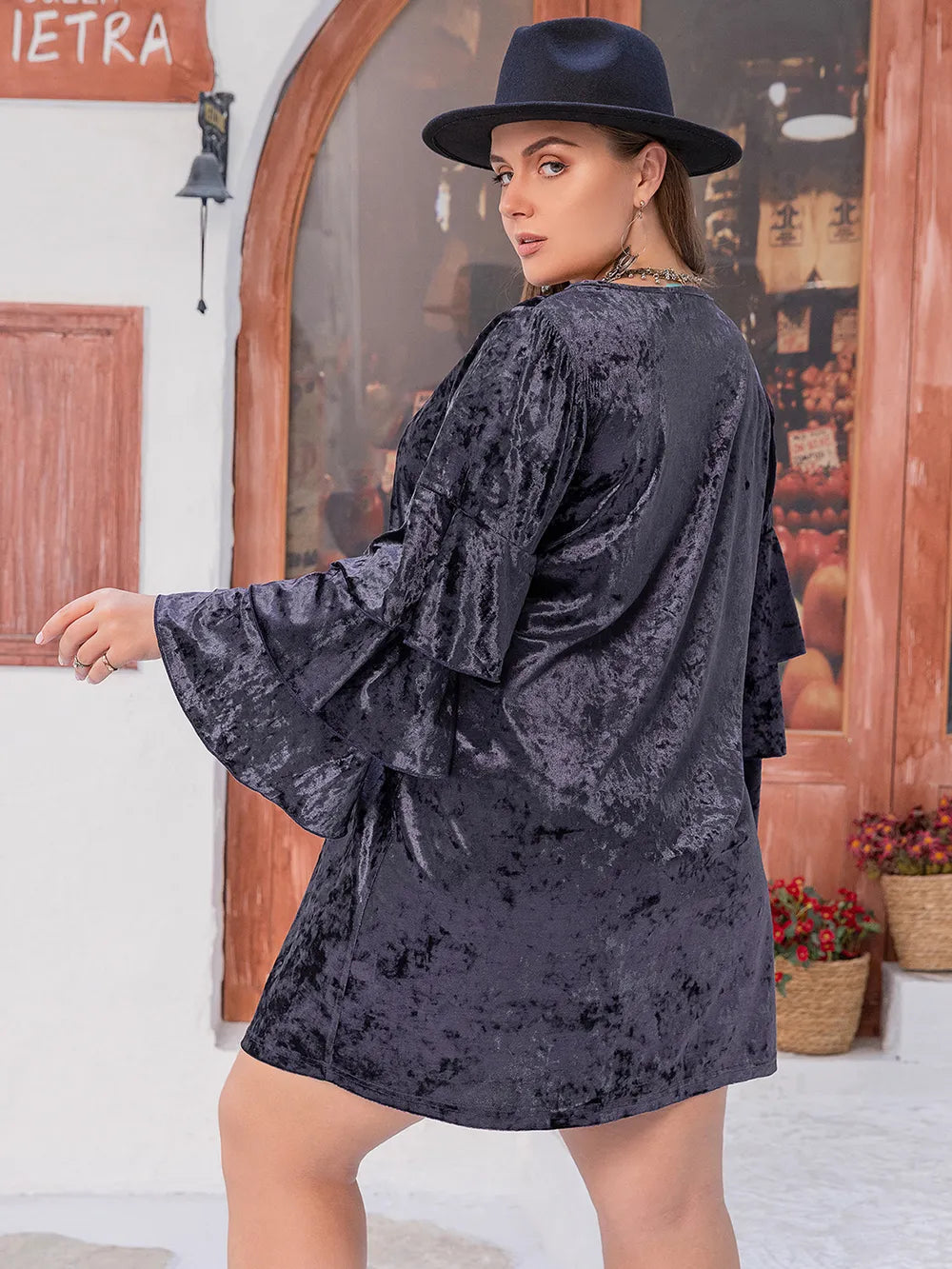 Plus Size Round Neck Flounce Sleeve Mini Dress - LoveNest Treasures