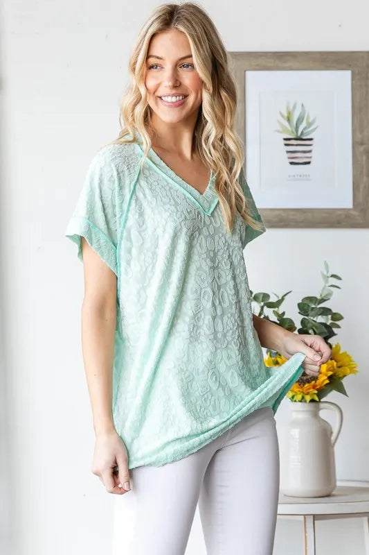 Heimish Full Size Exposed Seam V-Neck Short Sleeve Leopard Top Plus Size - LoveNest Treasures