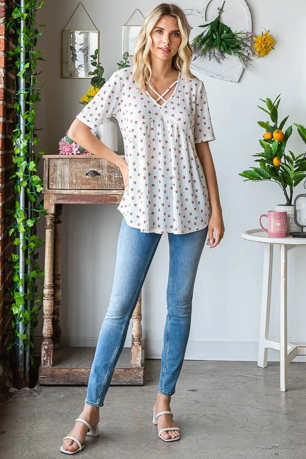 Heimish Full Size Crisscross Ditsy Floral Babydoll Top Plus Size - LoveNest Treasures