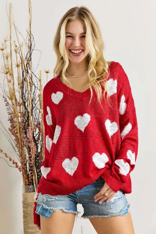ADORA Full Size Heart V-Neck Knit Top Plus Size - LoveNest Treasures