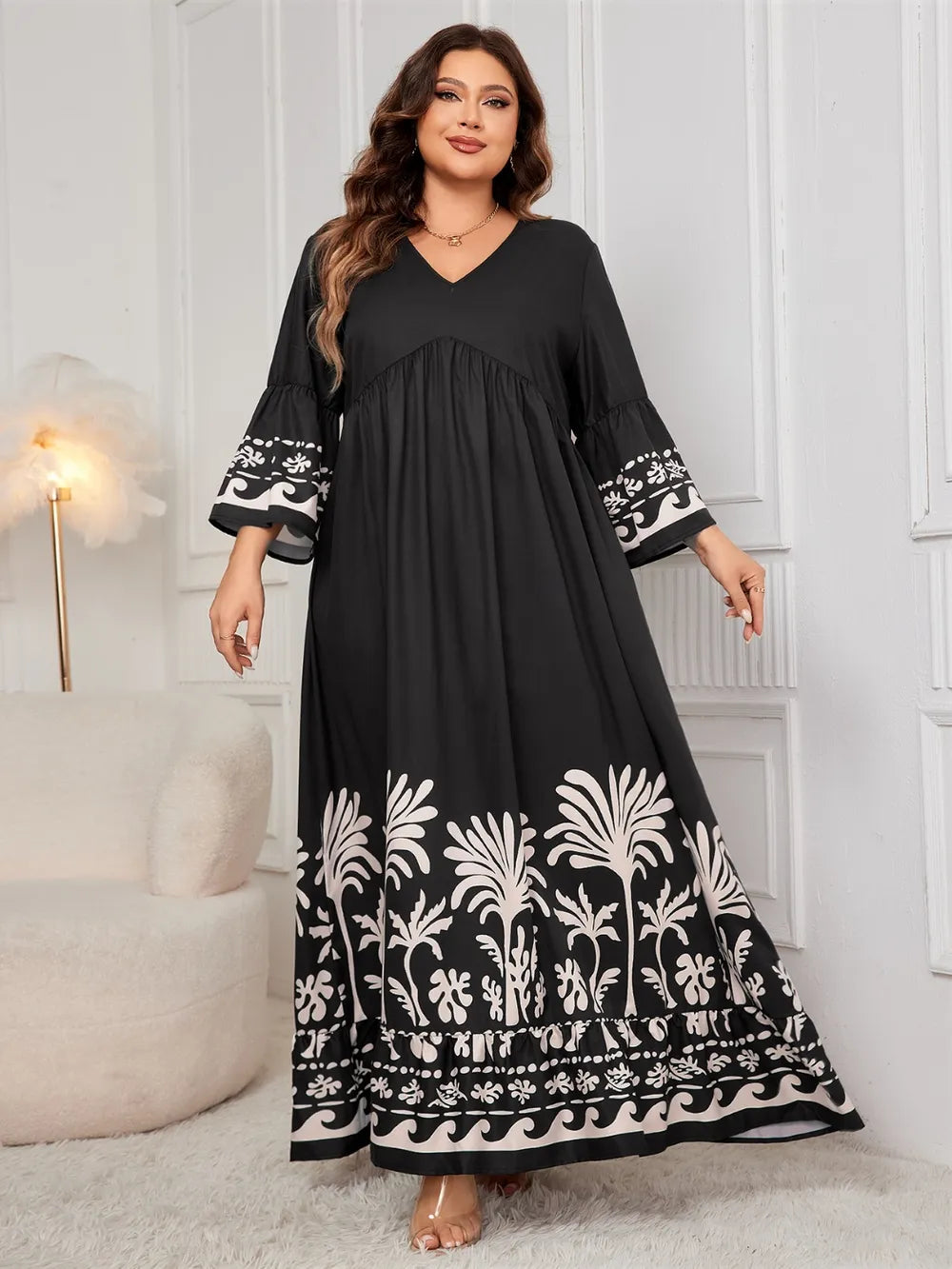 Honey Plus Size Printed V-Neck Long Sleeve Maxi Dress - LoveNest Treasures
