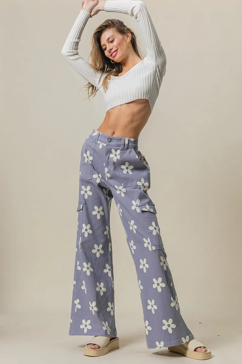 BiBi Flower Printed Side Pocket Wide Pants - LoveNest Treasures