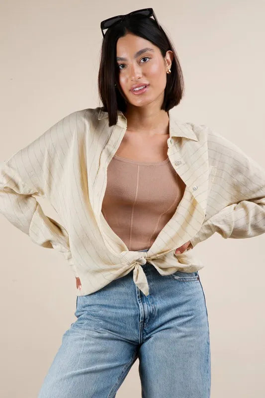 VERY J Full Size Oversized Striped Button Down Shirt Top Plus Size - LoveNest Treasures
