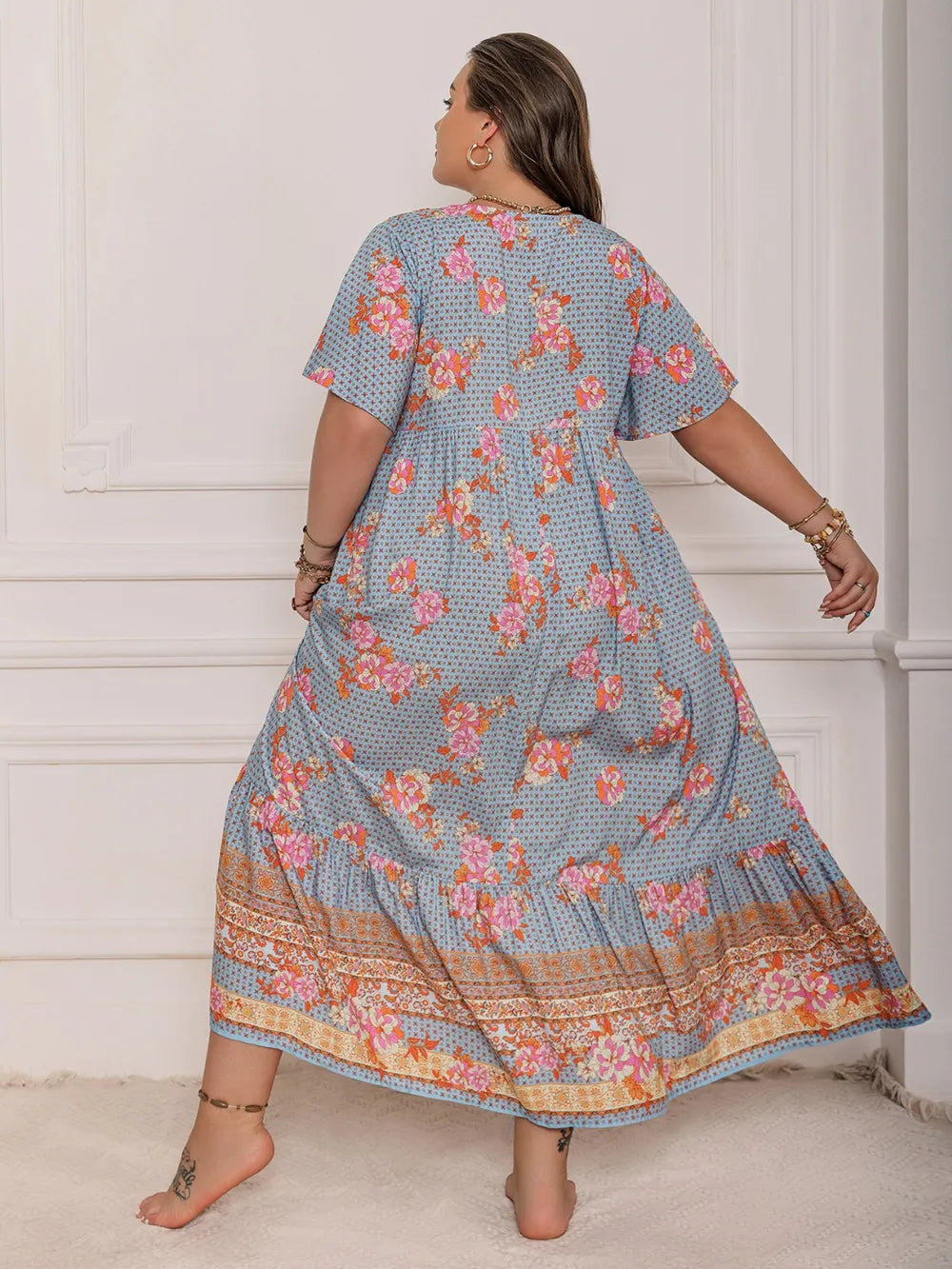 Plus Size Printed Tie Neck Flutter Sleeve Maxi Dress - LoveNest Treasures