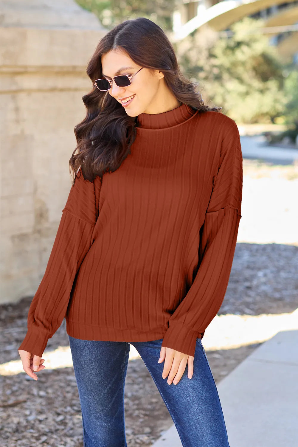 Basic Bae Full Size Ribbed Exposed Seam Mock Neck Knit Top - LoveNest Treasures