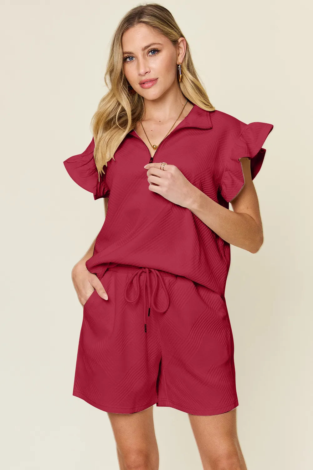 Double Take Full Size Texture Flounce Sleeve Top and Drawstring Shorts Set - LoveNest Treasures