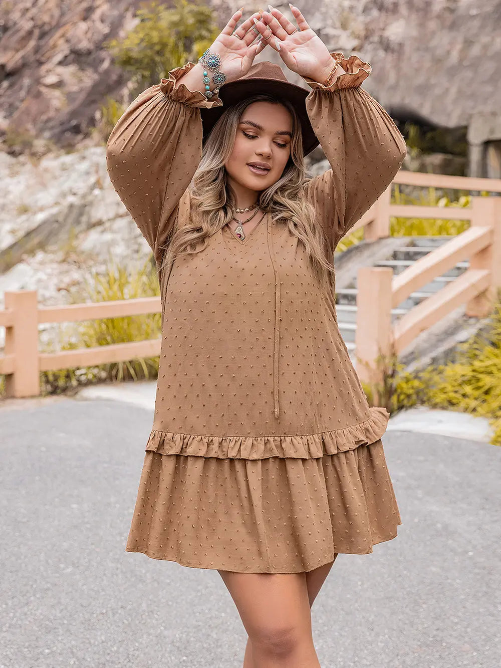 Plus Size Dot Flounce Sleeve Mini Dress - LoveNest Treasures