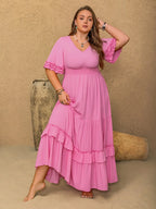 Plus Size V-Neck Half Sleeve Maxi Dress - LoveNest Treasures