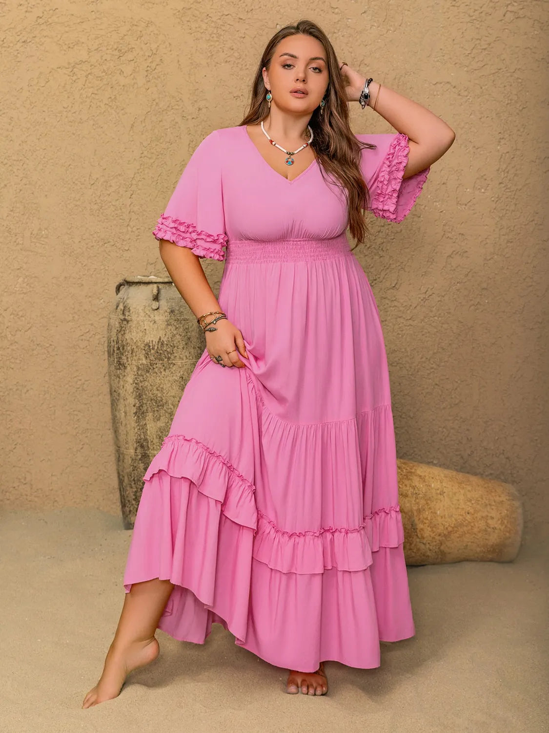 Plus Size V-Neck Half Sleeve Maxi Dress - LoveNest Treasures