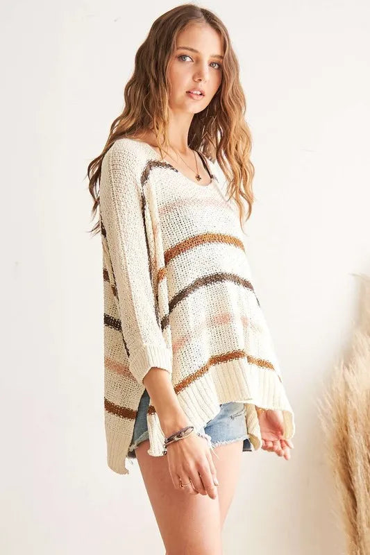 ADORA Full Size Multi Color Strip Sweater Plus Size - LoveNest Treasures