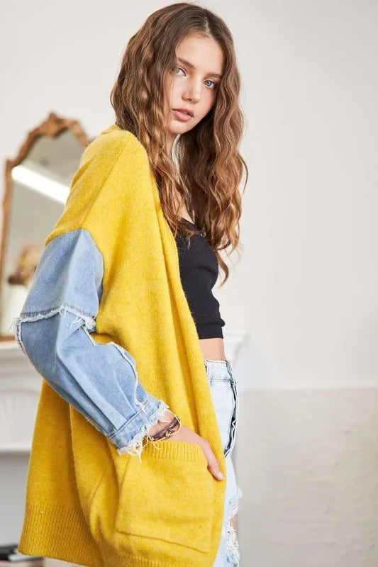 ADORA Full Size Frayed Denim Sleeve Sweater Cardigan Plus Size - LoveNest Treasures