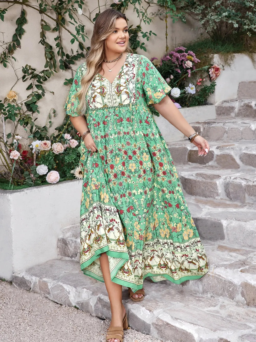 Plus Size Floral Tie Neck Flutter Sleeve Maxi Dress - LoveNest Treasures