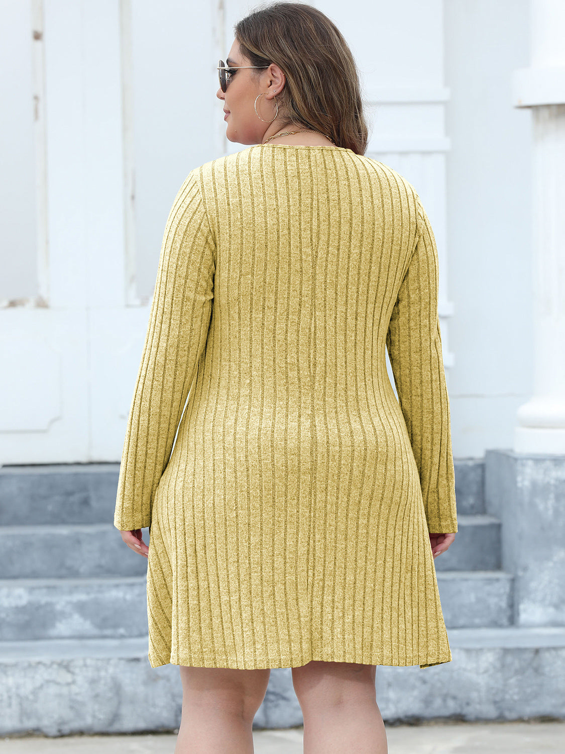 Plus Size Ribbed Buttoned V-Neck Long Sleeve Dress - LoveNest Treasures