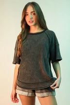 VERY J Full Size Mineral Washed Ribbed Knit Casual Top Plus Size - LoveNest Treasures