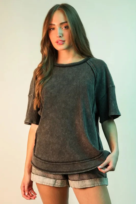 VERY J Full Size Mineral Washed Ribbed Knit Casual Top Plus Size - LoveNest Treasures