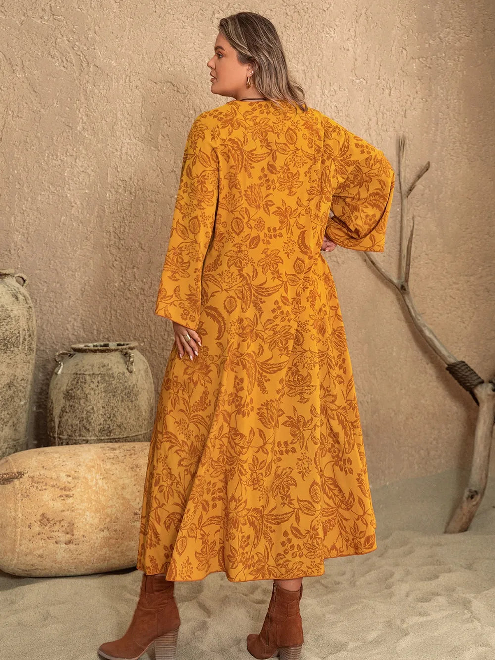 Plus Size Printed Slit Long Sleeve Dress - LoveNest Treasures