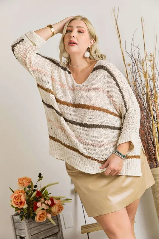 ADORA Full Size Multi Color Strip Sweater Plus Size - LoveNest Treasures