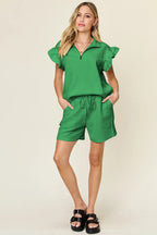 Double Take Full Size Texture Flounce Sleeve Top and Drawstring Shorts Set - LoveNest Treasures