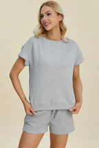 Double Take Full Size Texture Short Sleeve Top and Shorts Set - LoveNest Treasures