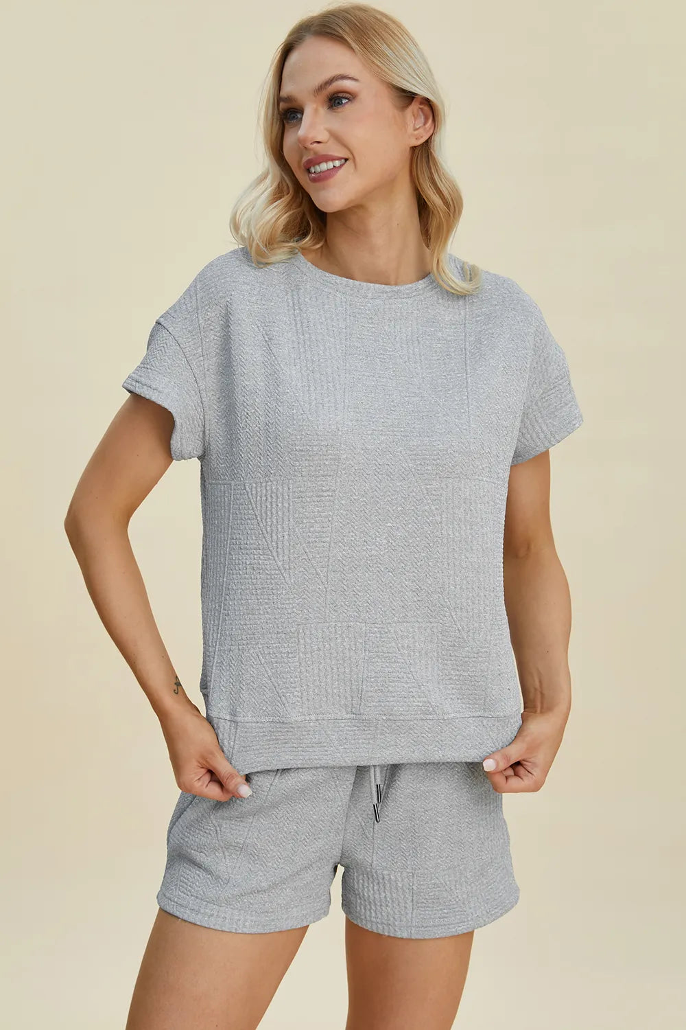 Double Take Full Size Texture Short Sleeve Top and Shorts Set - LoveNest Treasures
