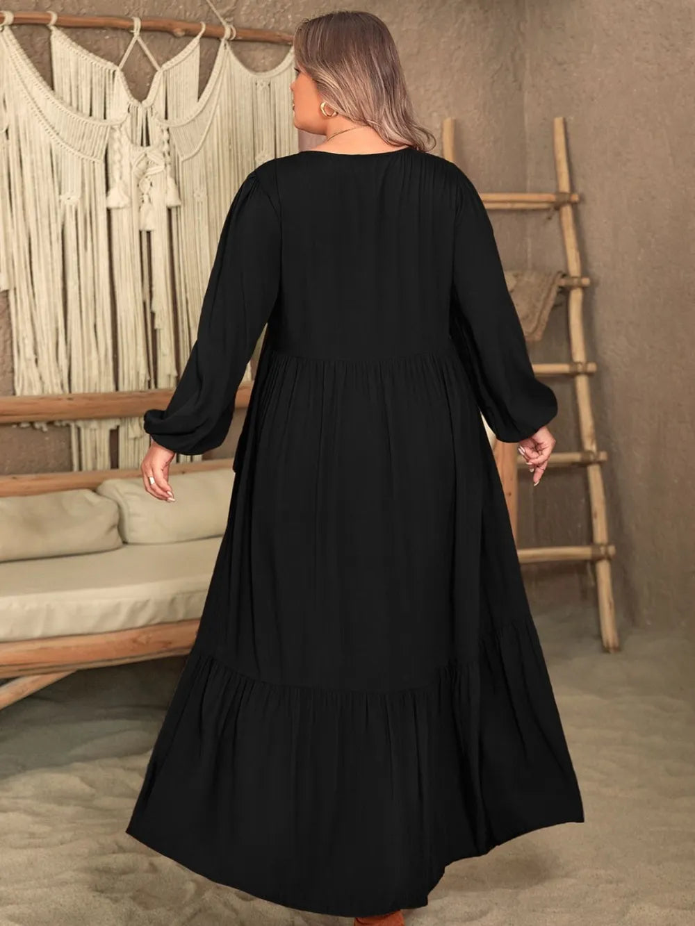 Plus Size Ruffled V-Neck Long Sleeve Dress - LoveNest Treasures