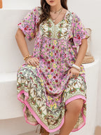 Plus Size Floral Tie Neck Flutter Sleeve Maxi Dress - LoveNest Treasures