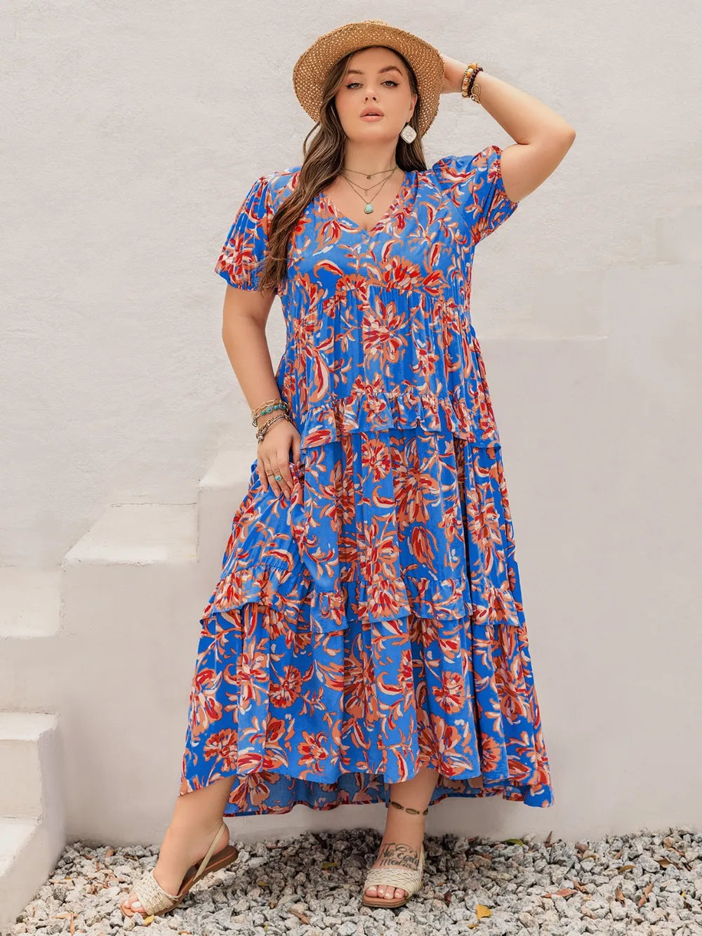 Plus Size Ruffled Printed V-Neck Short Sleeve Maxi Dress - LoveNest Treasures