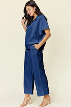 Double Take Full Size Texture Half Zip Short Sleeve Top and Pants Set - LoveNest Treasures
