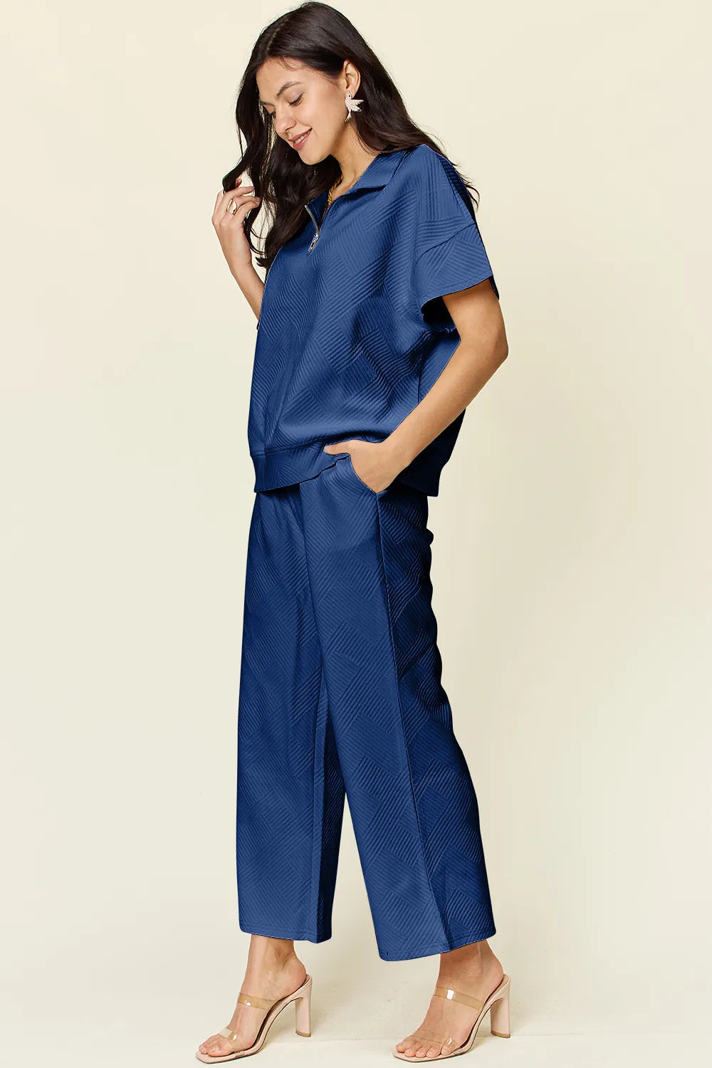 Double Take Full Size Texture Half Zip Short Sleeve Top and Pants Set - LoveNest Treasures