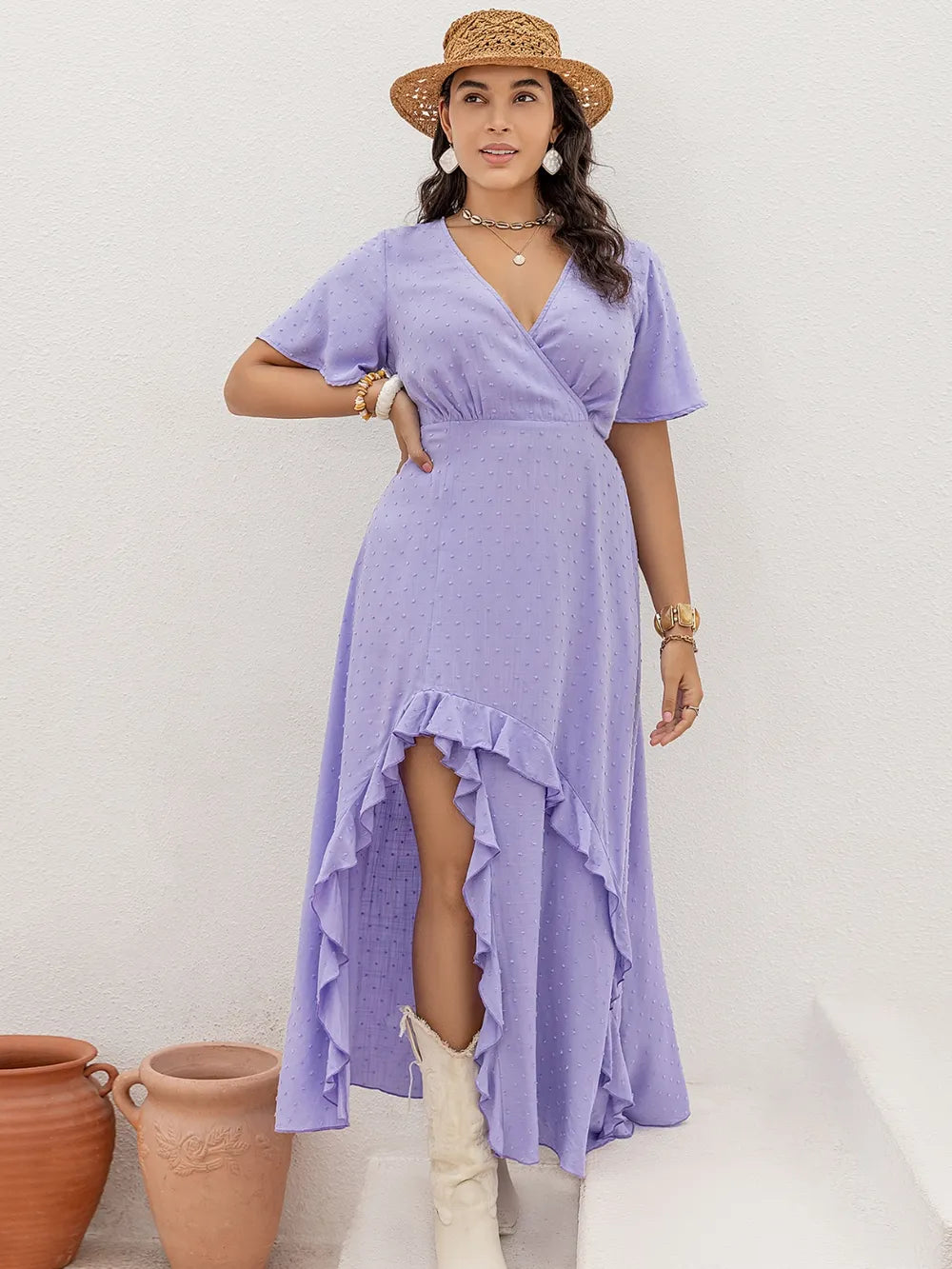 Plus Size Swiss Dot High-Low Surplice Dress - LoveNest Treasures