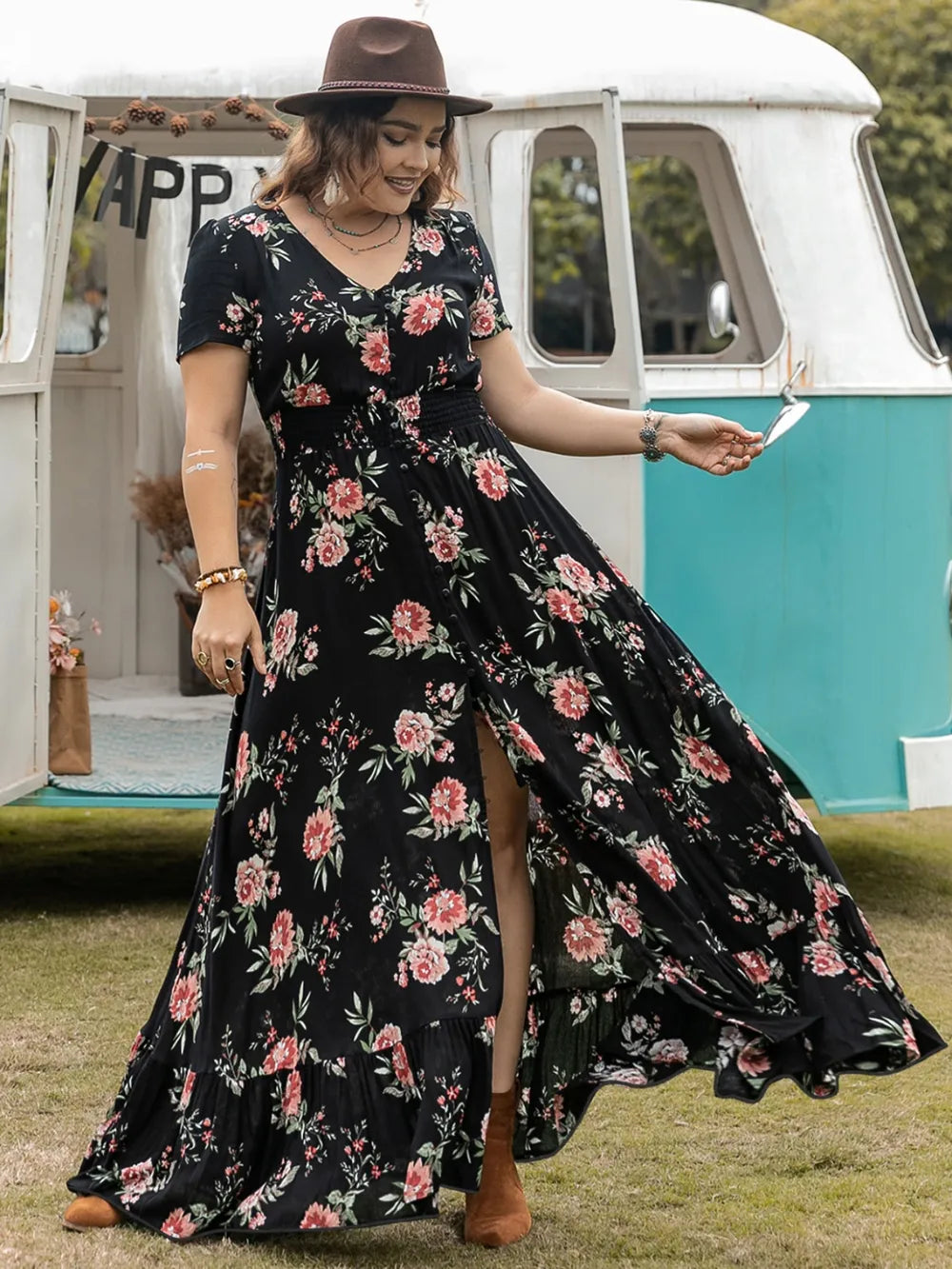 Plus Size Button Detail Printed V-Neck Short Sleeve Maxi Dress - LoveNest Treasures