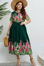Honey Floral Tie-Waist Round Neck Dress - LoveNest Treasures