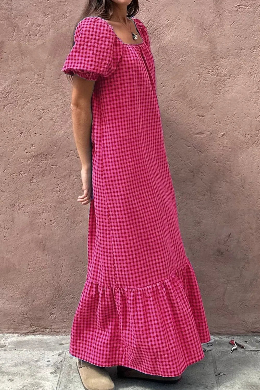 SYNZ Gingham Check Bubble Sleeve Ruffled Maxi Dress - LoveNest Treasures