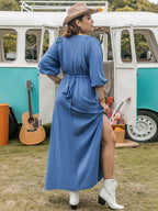 Plus Size Ruched Slit Three-Quarter Sleeve Midi Dress - LoveNest Treasures
