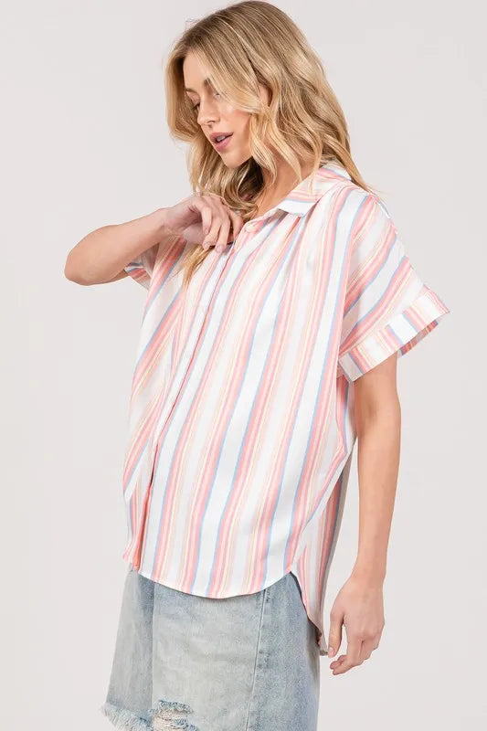 SAGE+FIG Full Size Multi Stripe Button Down Short Sleeve Shirt Plus Size - LoveNest Treasures