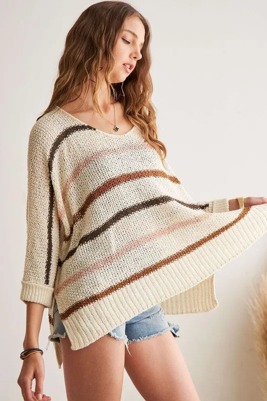 ADORA Full Size Multi Color Strip Sweater Plus Size - LoveNest Treasures