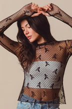 SO ME Bow Ribbon Pattern Sheer Lace Top - LoveNest Treasures