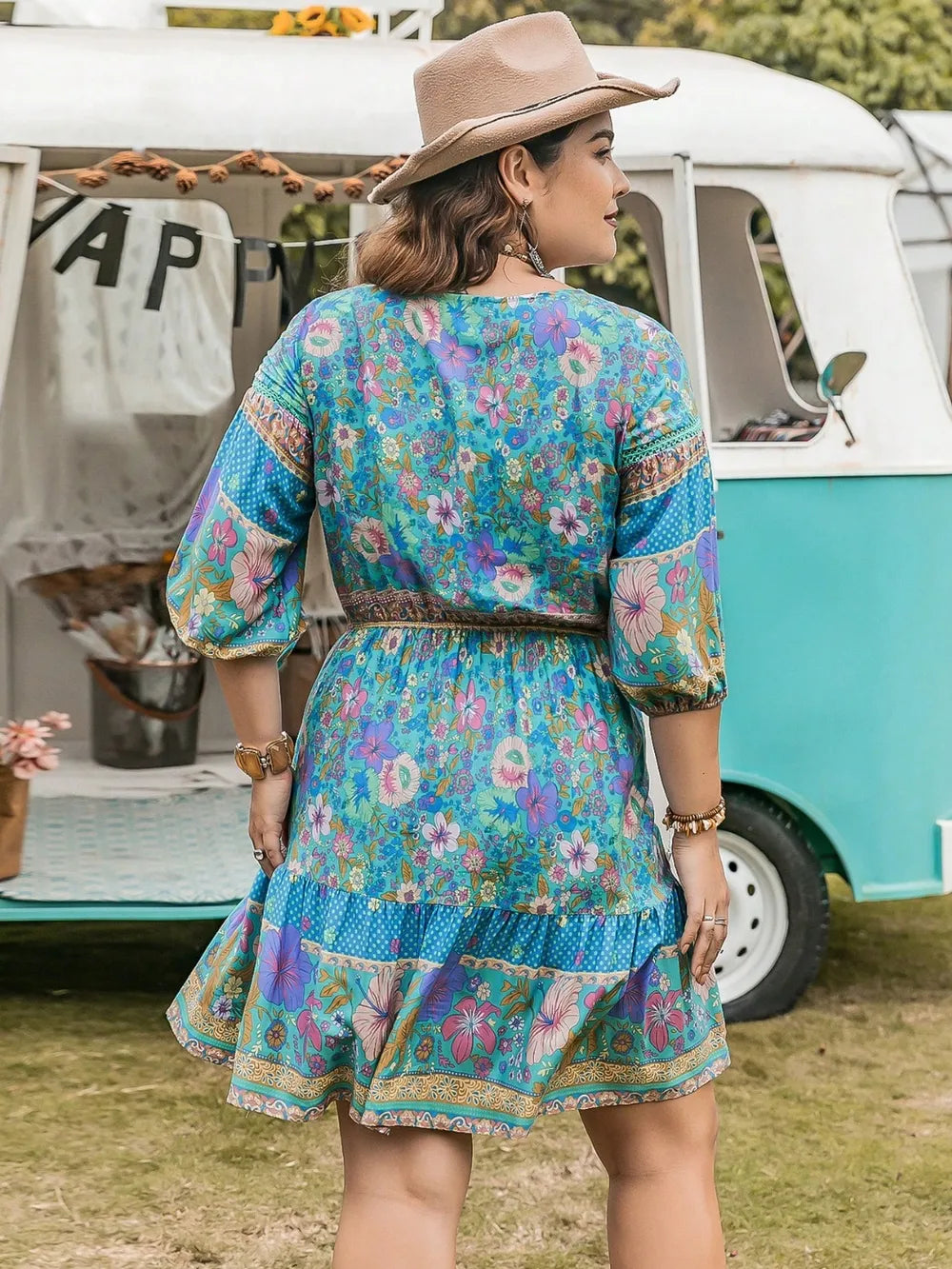 Plus Size Printed Tie Neck Mini Dress - LoveNest Treasures