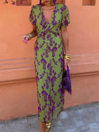 Printed Plunge Short Sleeve Midi Dress - LoveNest Treasures