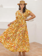 Plus Size Printed V-Neck Flutter Sleeve Tie Waist Maxi Dress - LoveNest Treasures