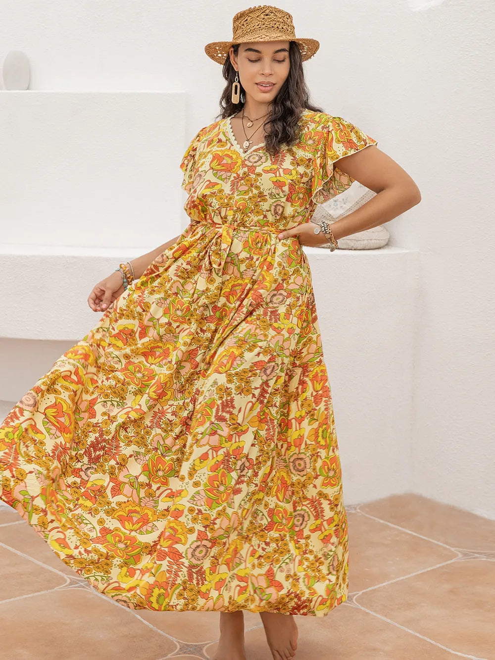 Plus Size Printed V-Neck Flutter Sleeve Tie Waist Maxi Dress - LoveNest Treasures
