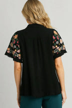 Umgee Full Size Linen Shirt with Embroidered Sleeves Plus Size - LoveNest Treasures