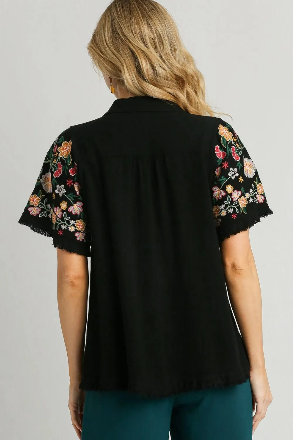 Umgee Full Size Linen Shirt with Embroidered Sleeves Plus Size - LoveNest Treasures