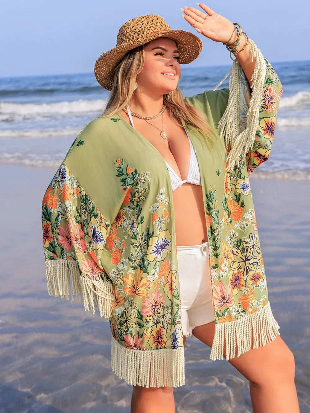 Plus Size Fringe Open Front Cover-Up - LoveNest Treasures