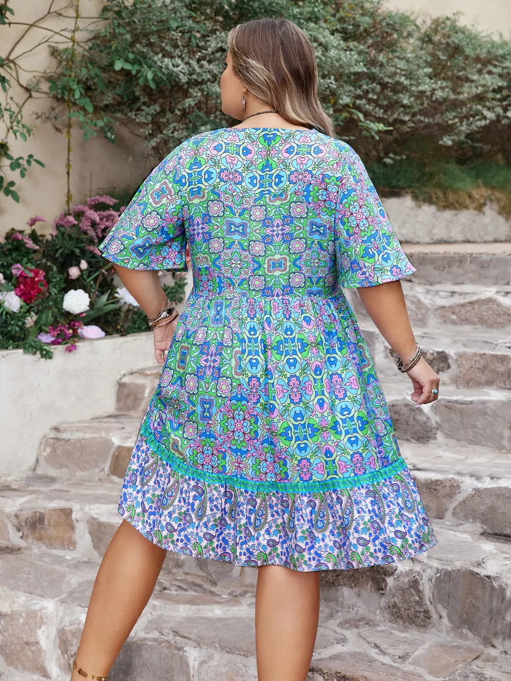 Plus Size Ruffled Hem Lace Detail Printed Half Sleeve Dress - LoveNest Treasures