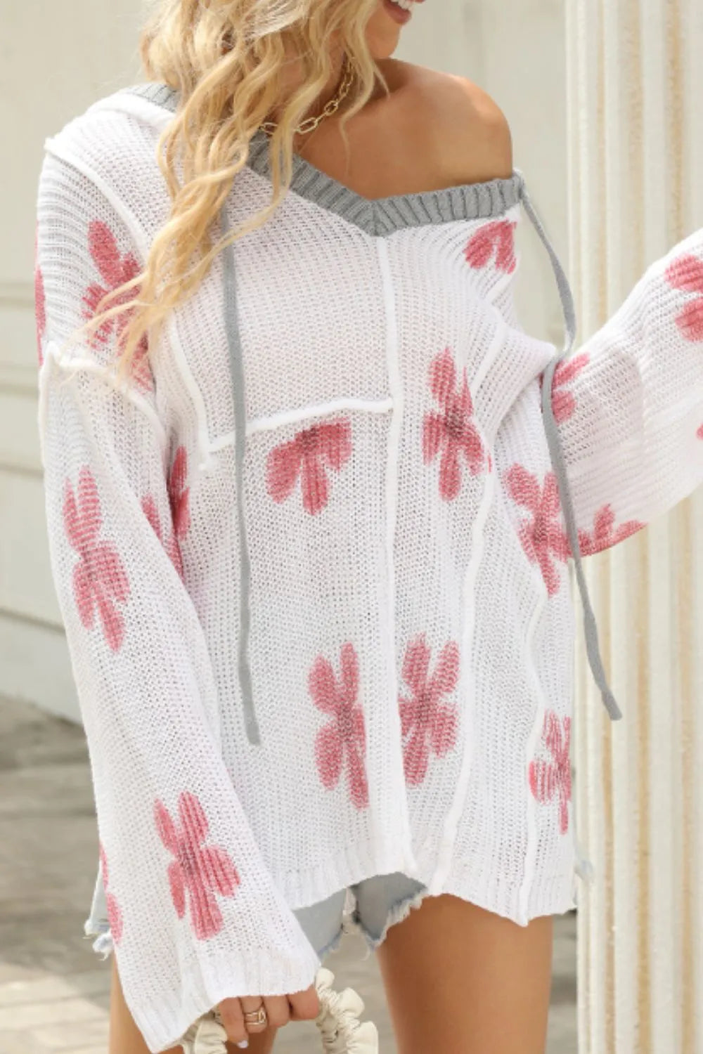 Drawstring Flower Hooded Knit Top - LoveNest Treasures