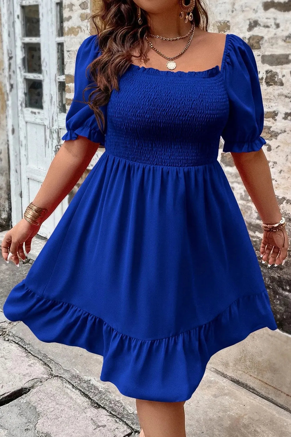Plus Size Smocked Square Neck Short Sleeve Dress - LoveNest Treasures
