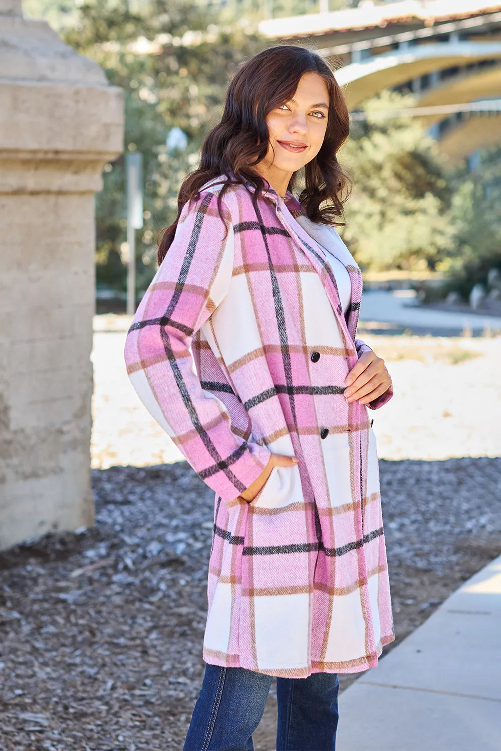 Double Take Full Size Plaid Button Up Lapel Collar Coat - LoveNest Treasures