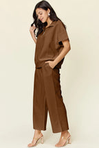 Double Take Full Size Texture Half Zip Short Sleeve Top and Pants Set - LoveNest Treasures