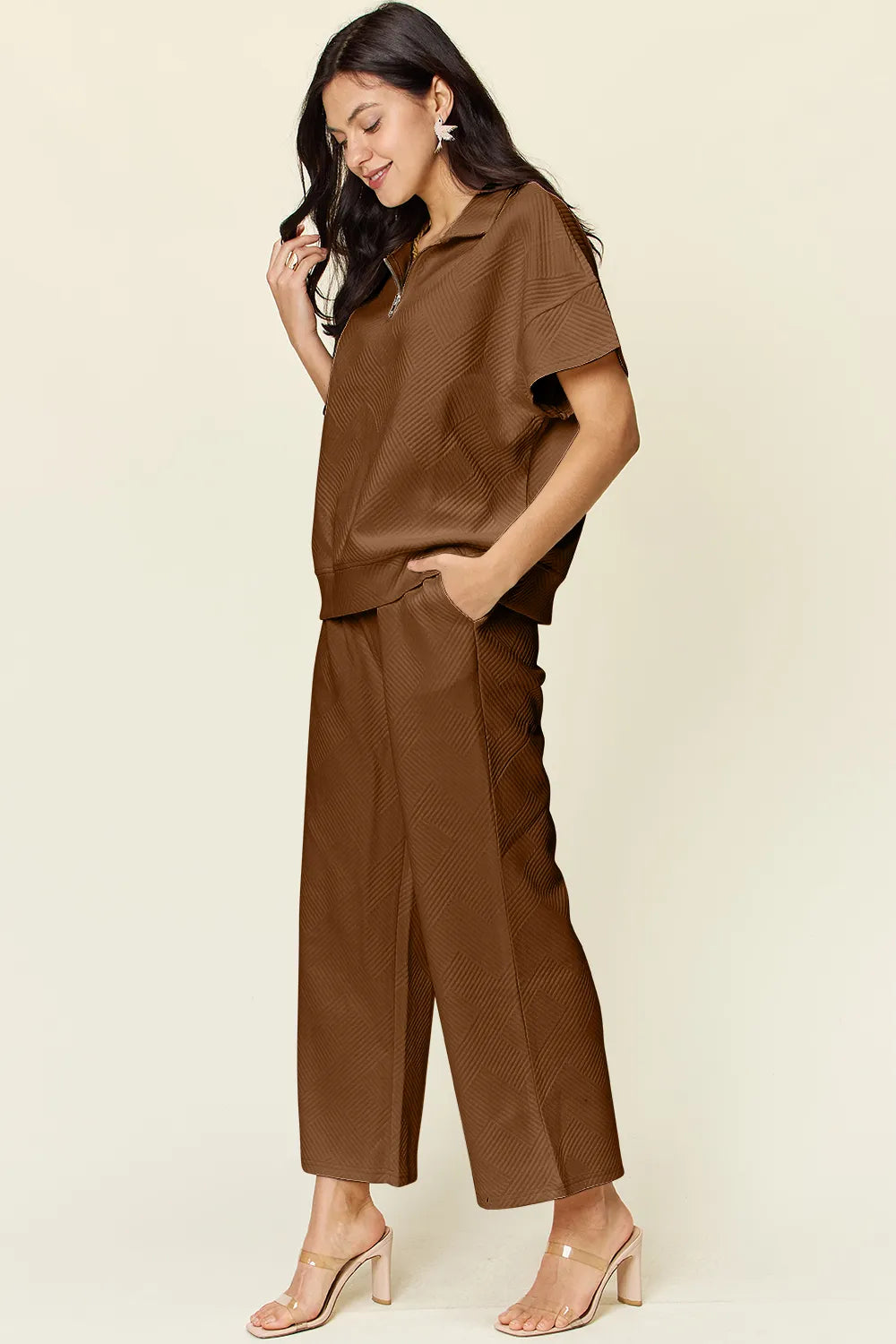 Double Take Full Size Texture Half Zip Short Sleeve Top and Pants Set - LoveNest Treasures